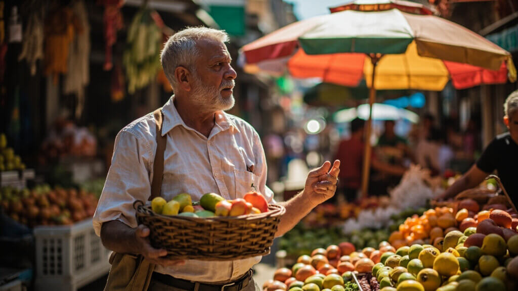 American expat shopping at a fresh food market during a trial stay abroad