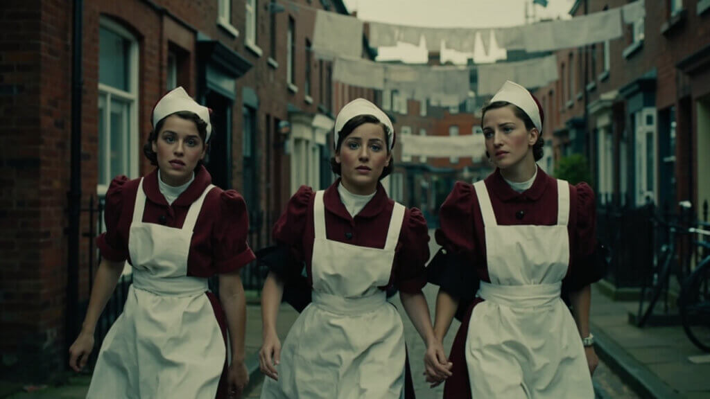 Cast of Call the Midwife walking through a 1950s neighborhood in nurse uniforms