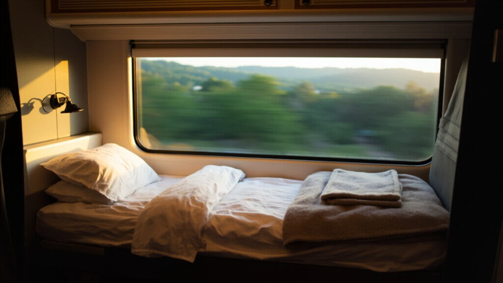 Compact and cozy train roomette with big window and fold-down bed