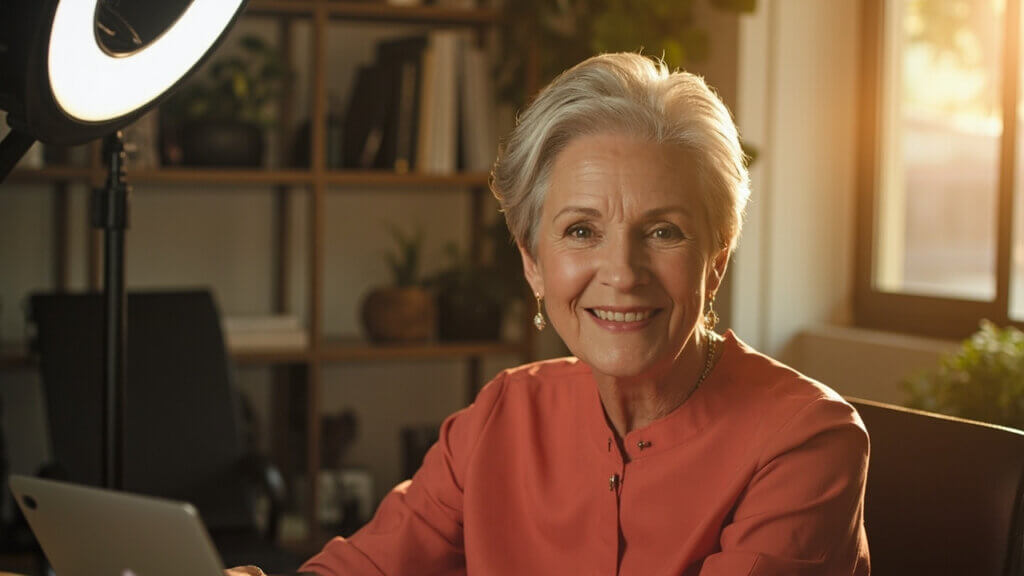 Confident woman over 50 filming personal brand content at home