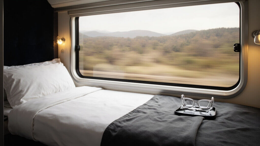 Cozy Amtrak sleeper roomette with a bed and wide window, perfect for senior travelers