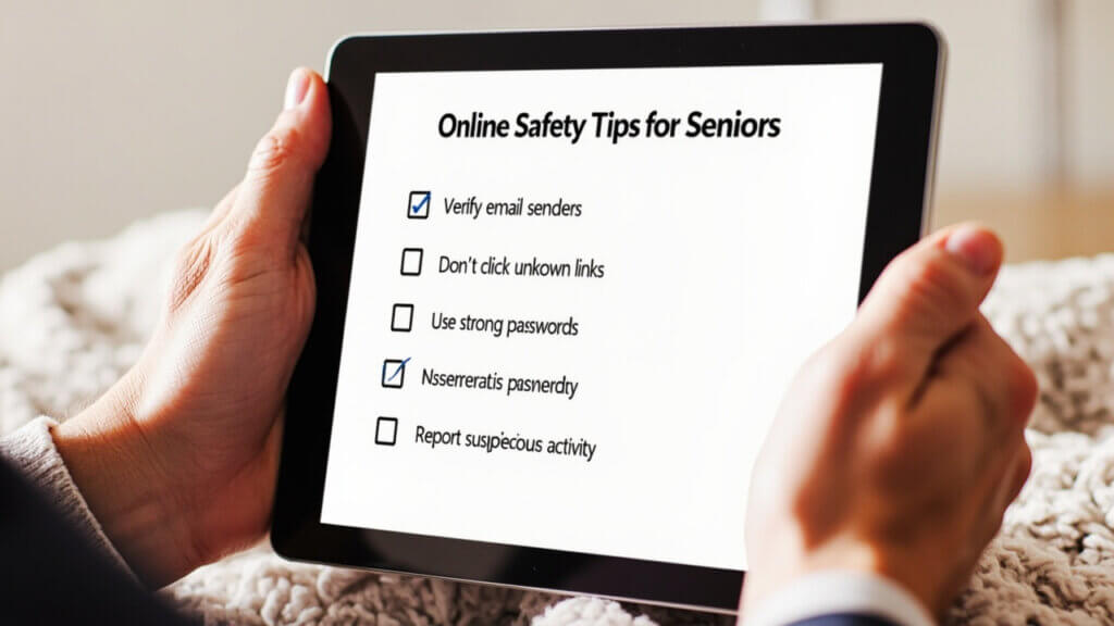 Digital checklist of online scam prevention tips for seniors using a tablet