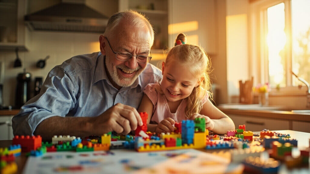 Grandfather and granddaughter connecting through shared play and laughter