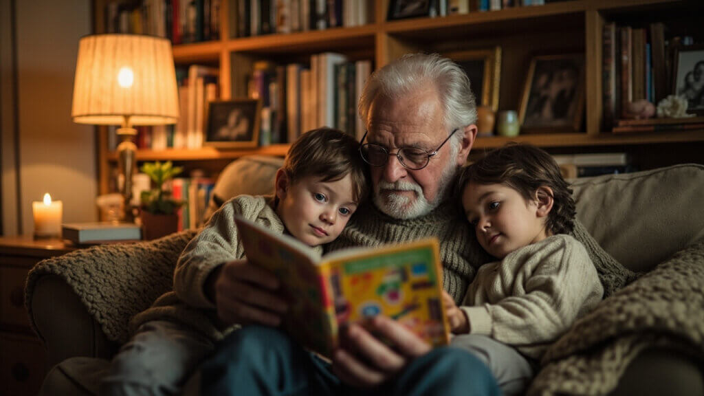 Grandfather peacefully reading to grandkids, creating a cozy bonding moment at home
