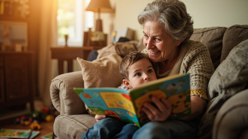 Grandmother enjoying story time with her grandchild in a cozy living room setting