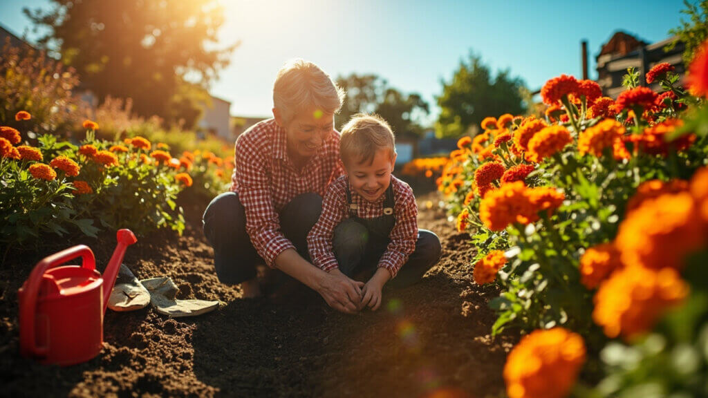 Grandparent and child bonding through a hands-on gardening activity outdoors