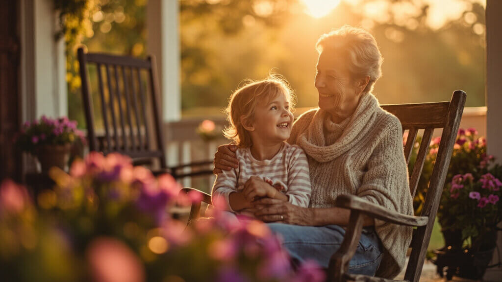 Grandparent listening lovingly to young grandchild in a quiet, peaceful setting