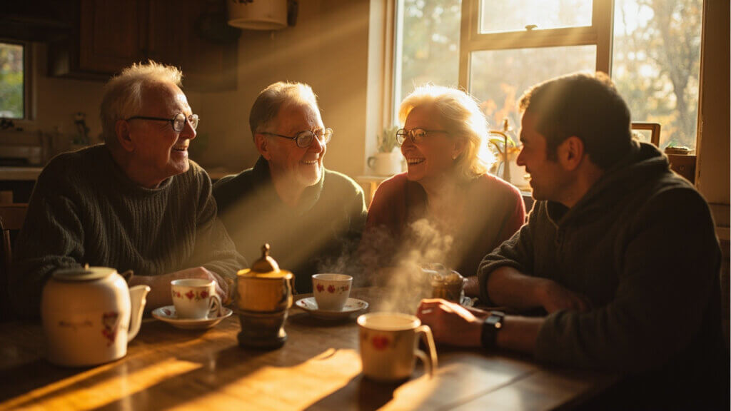 Grandparents and adult kids talking respectfully and openly around a kitchen table