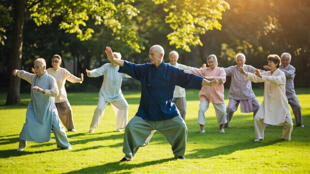 Group of seniors practicing Tai Chi in a community class setting