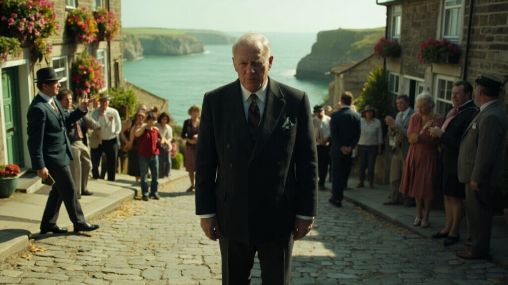 Grumpy doctor standing in a scenic English village with quirky locals nearby