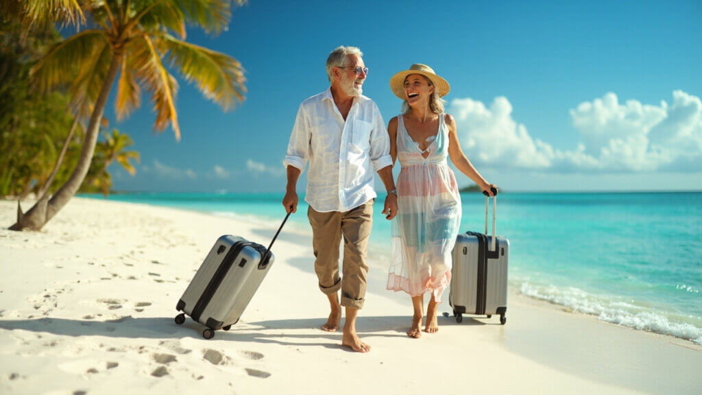 Happy American retirees walking along a beach after moving abroad