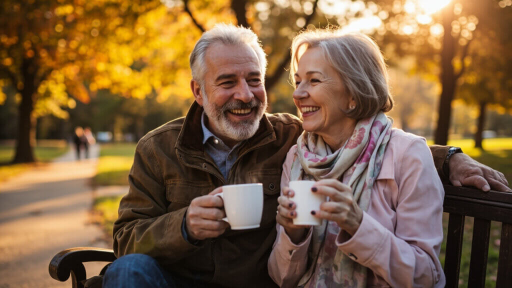 Happy couple in their 60s enjoying a lighthearted moment on a first date outdoors
