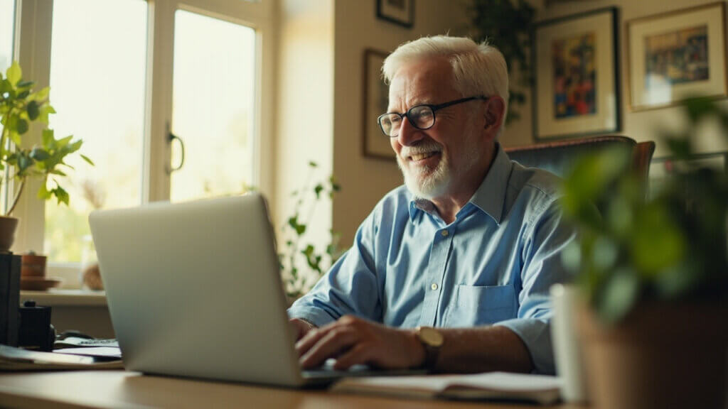 Happy retired man freelancing from his home office with a laptop