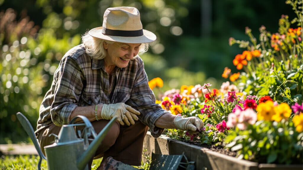 Happy senior woman gardening outdoors in a raised bed, surrounded by colorful plants