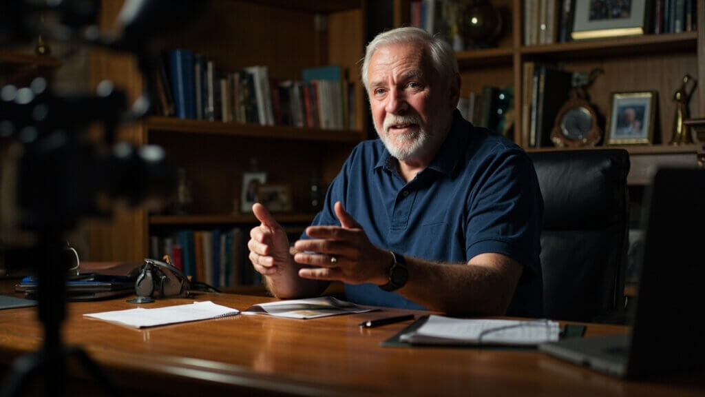 Man in his 60s creating personal brand video content at home