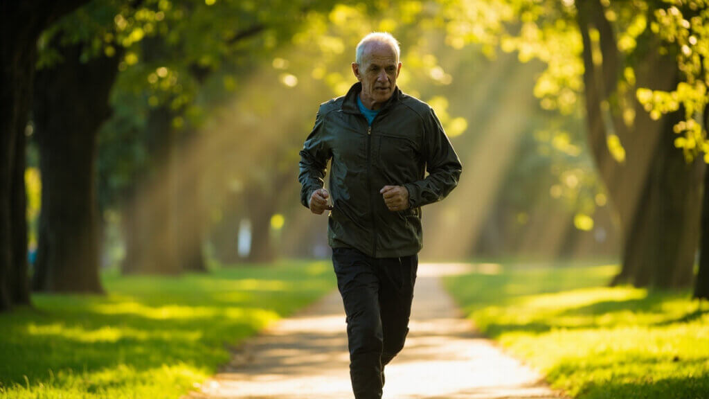 Man over 50 enjoying a brisk walk to boost brain circulation