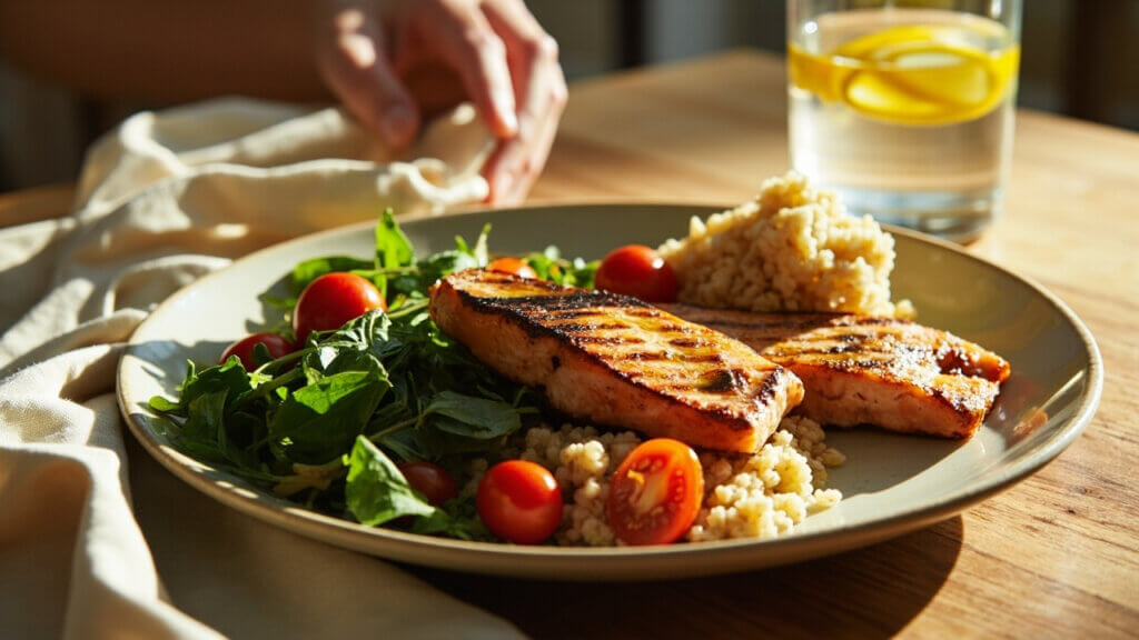 Nutritious dinner plate aligned with the Mediterranean diet for weight loss after 50