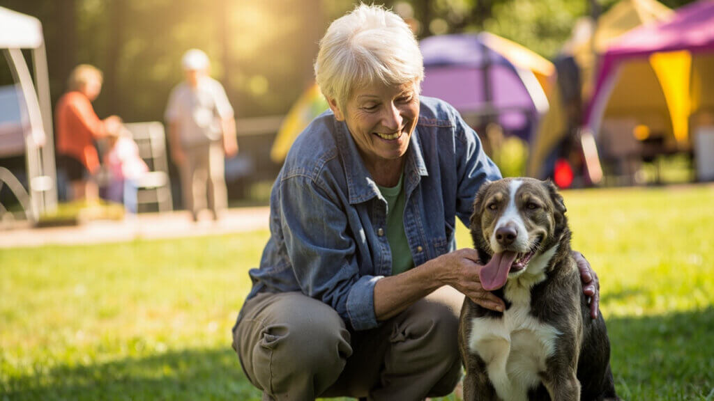 Older adult bonding with a rescue dog during an adoption day at a shelter