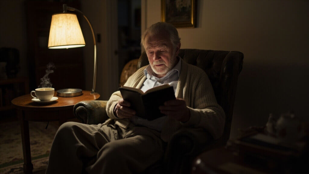 Older adult enjoying a digital book on a Kindle, with warm lighting and quiet atmosphere
