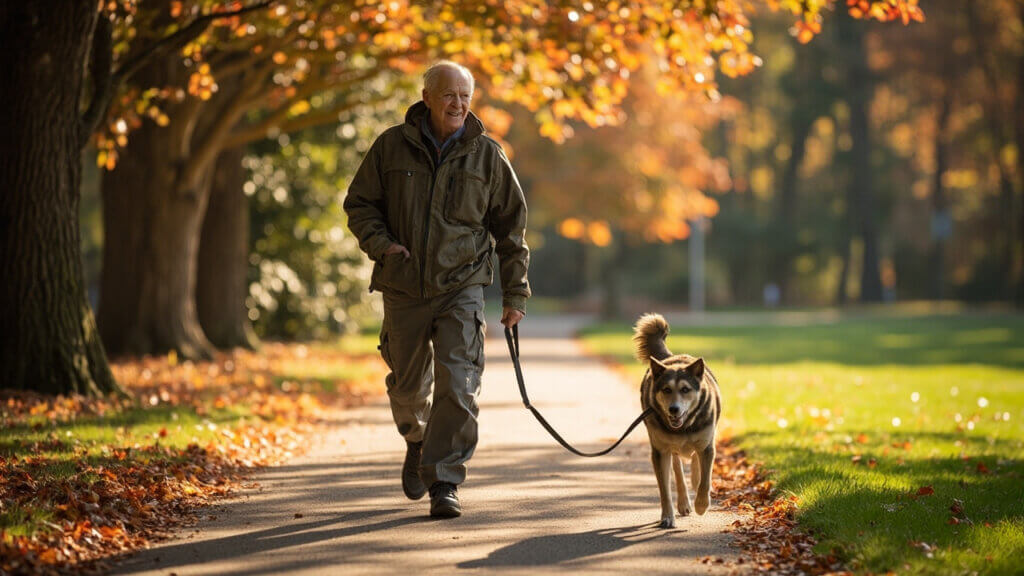 Older adult walking a happy mixed-breed dog through the trees on a sunny day
