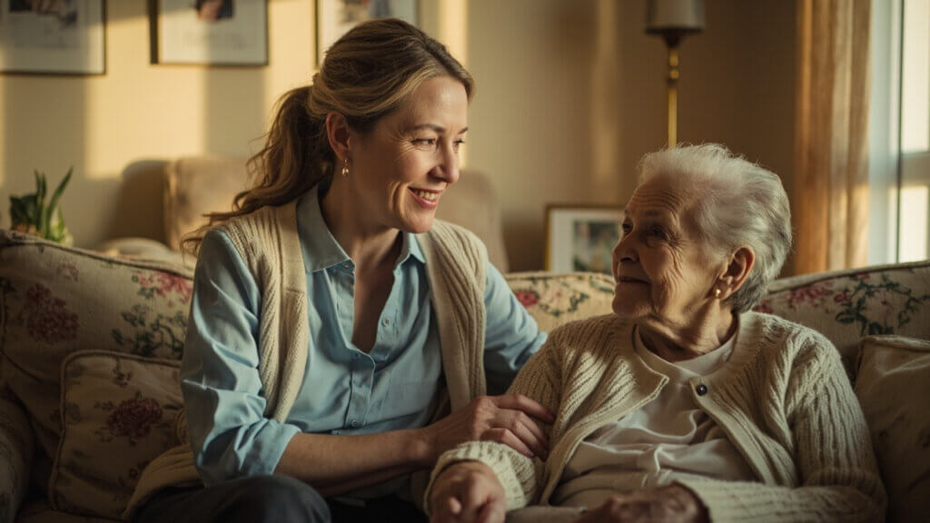 Older caregiver offering companionship to a senior in a home setting