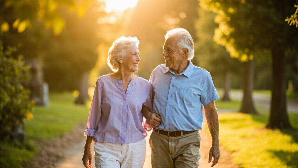 Older couple enjoying each other’s company while walking outdoors on a sunny day