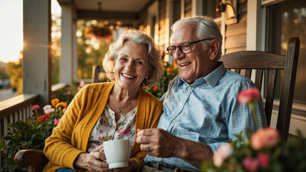 Older couple relaxing with coffee outside a small-town home in the morning sun