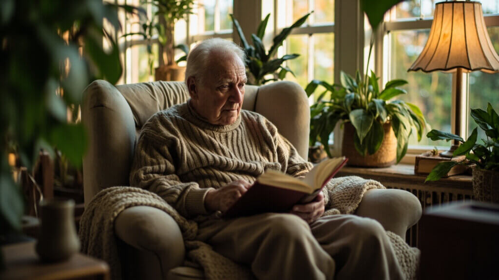 Older person enjoying a peaceful moment at home, aging in place comfortably