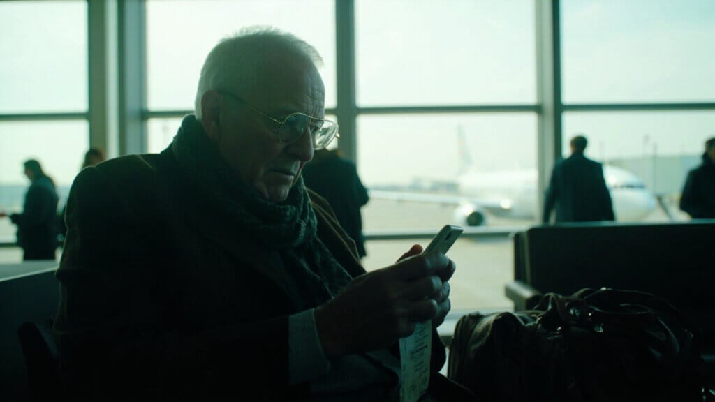 Older traveler double-checking documents and phone before boarding a flight