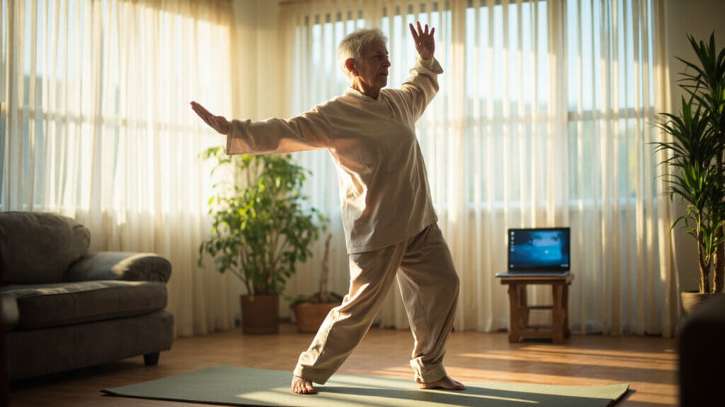 Older woman following an online Tai Chi session from home with calm focus