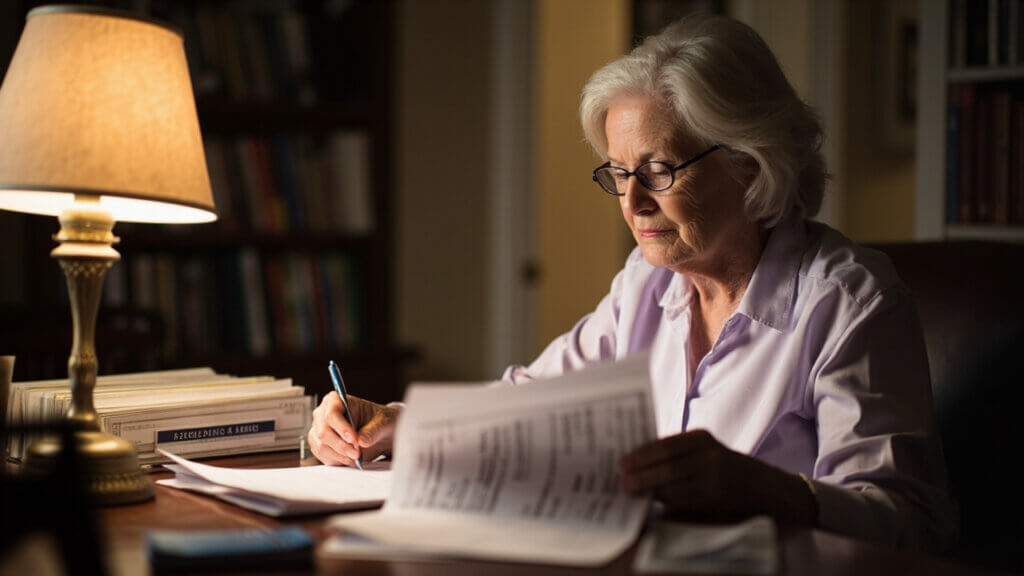 Older woman managing healthcare and Social Security documents at her desk