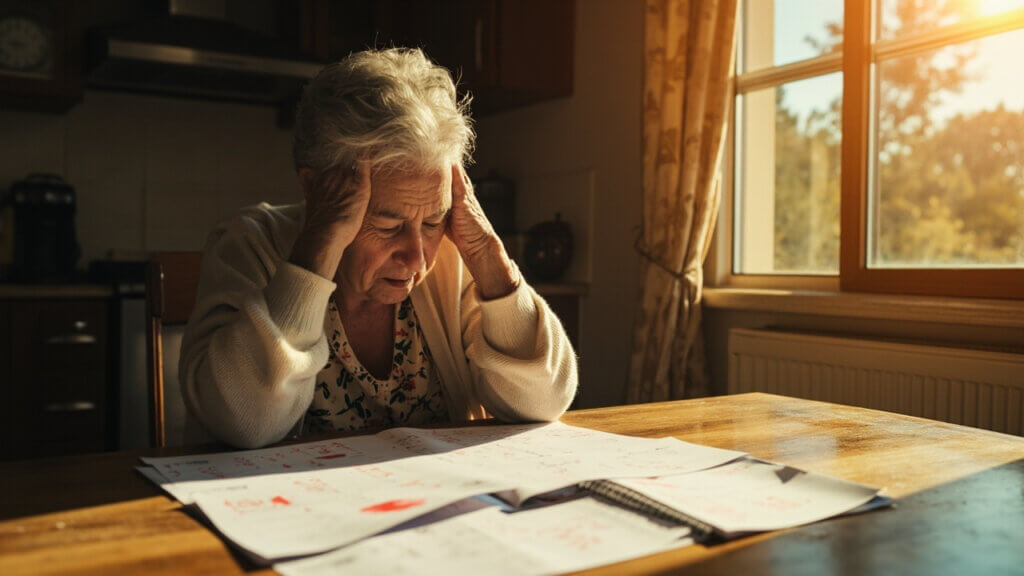 Older woman sitting at a table with a planner, looking confused by missed appointments
