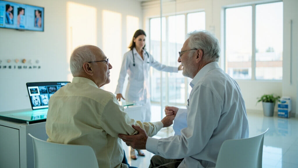 Retired Americans meeting with a physician at a modern international clinic