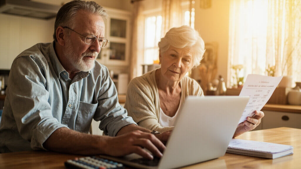 Retired couple reviewing finances and estimating Social Security increase for 2026