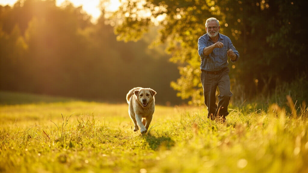 Retired man playing fetch with his Labrador retriever in a grassy park