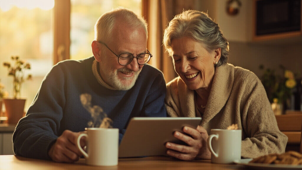 Senior couple enjoying YouTube videos together at home on a tablet