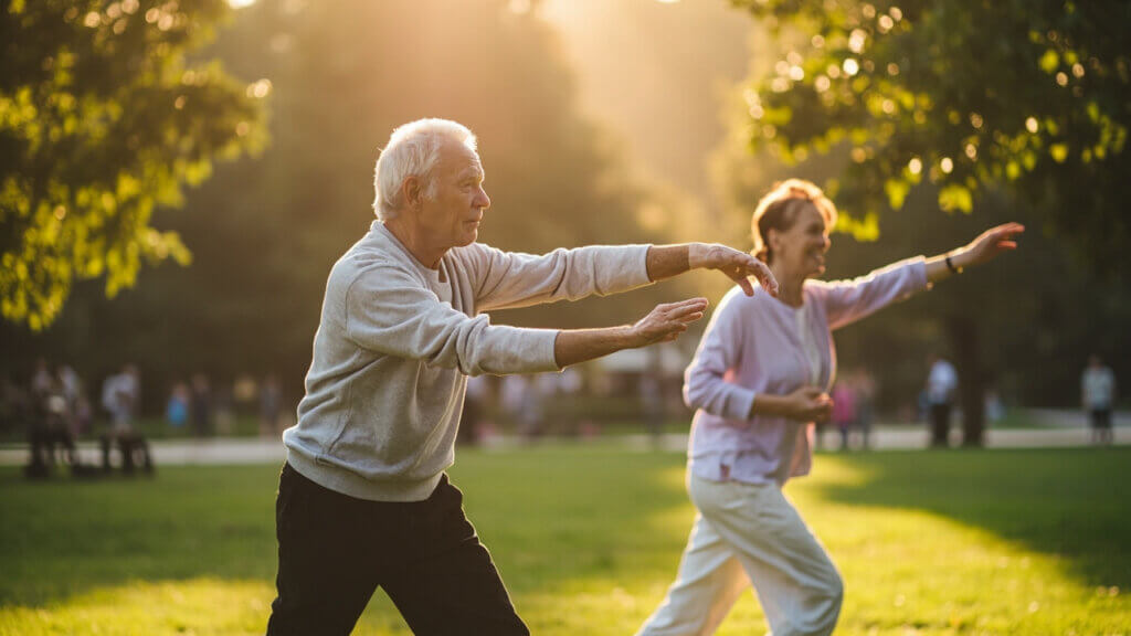 Senior couple gently flowing through Tai Chi movements in a peaceful park