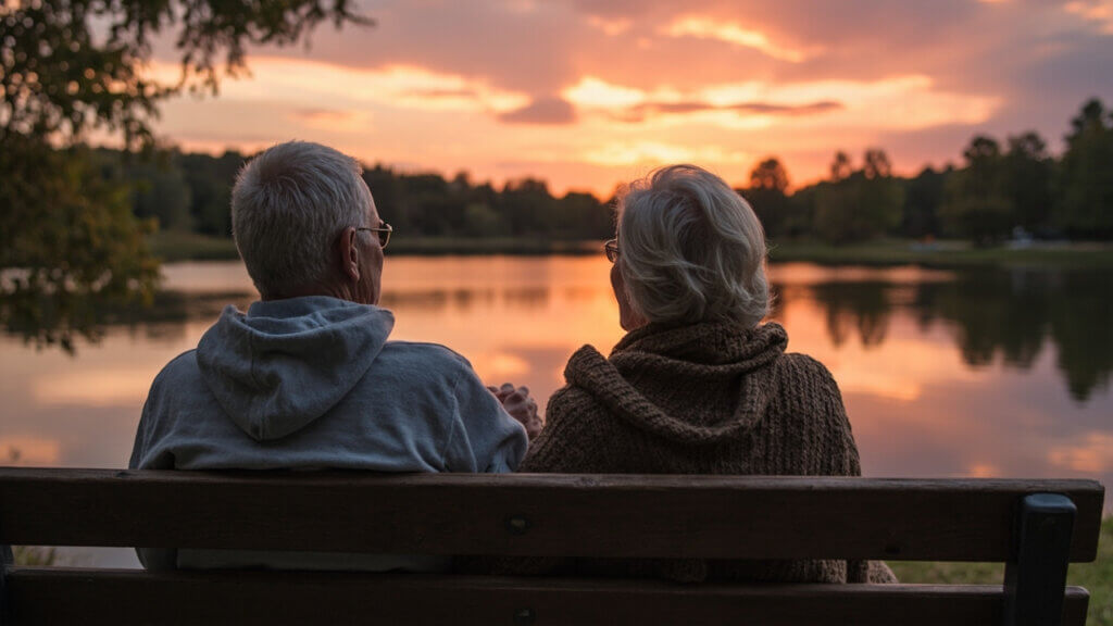 Senior couple relaxing in nature to reduce stress and improve brain health