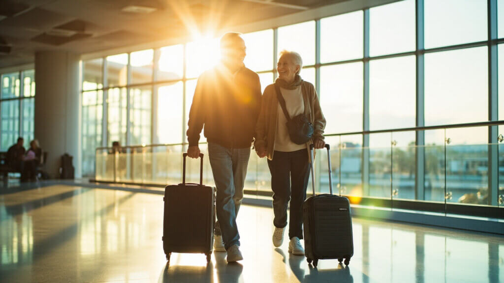 Senior couple traveling light with rolling carry-ons, walking confidently through an airport