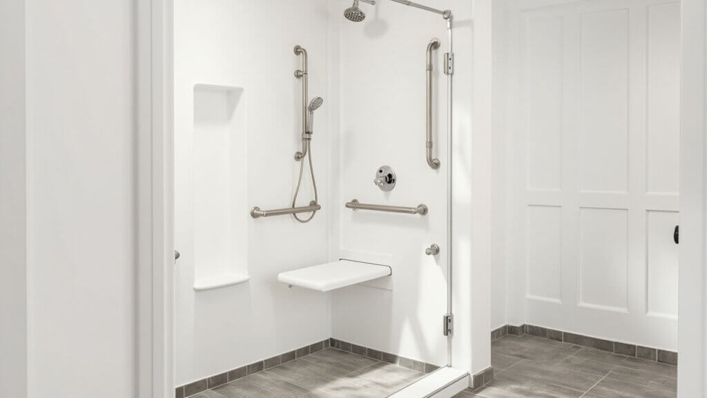 Senior-friendly bathroom setup with grab bars and safe, easy-access shower