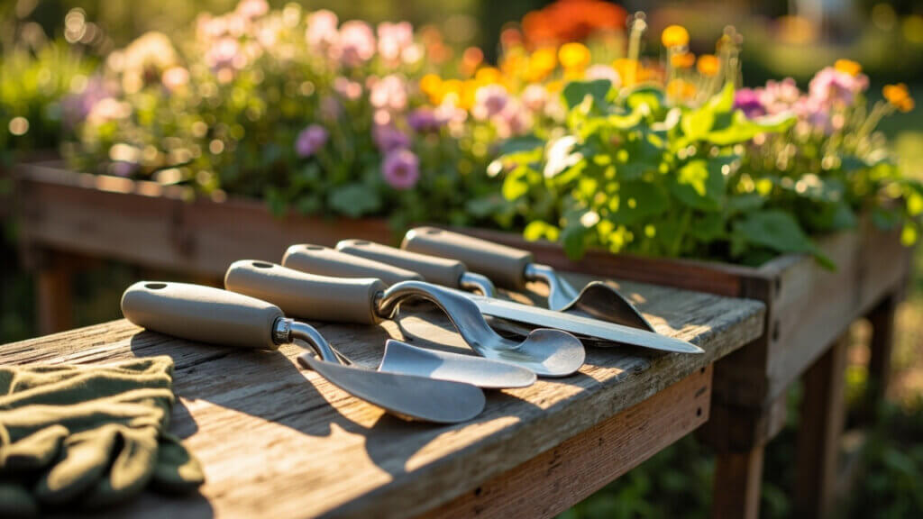 Senior-friendly gardening tools with padded handles and raised beds in the background