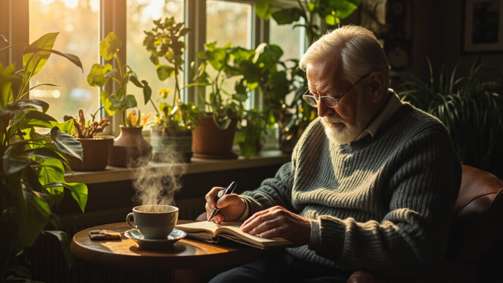 Senior journaling at home as part of a peaceful morning routine