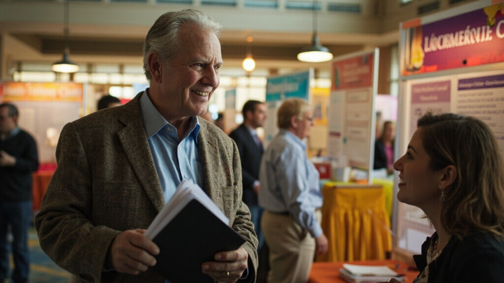 Senior man browsing opportunities at a friendly job fair in a community center