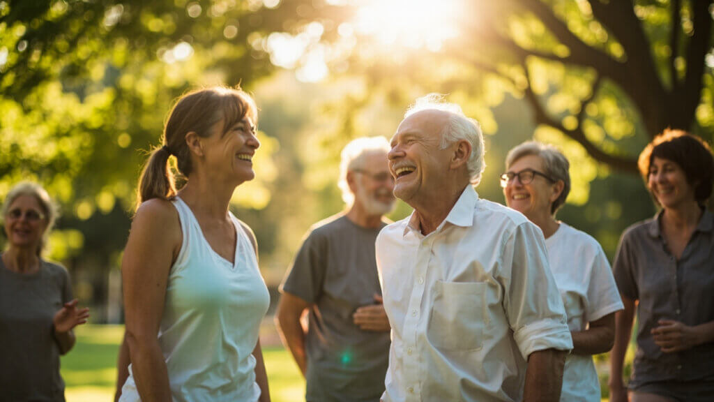 Senior man chatting with friends after Tai Chi class, feeling energized and connected