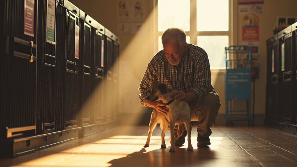 Senior man connecting with a shelter dog while volunteering at a pet adoption center