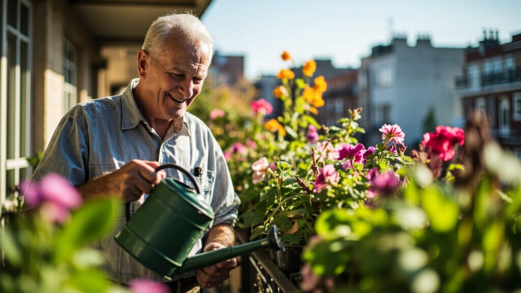 Senior man enjoying balcony container gardening with watering can in hand