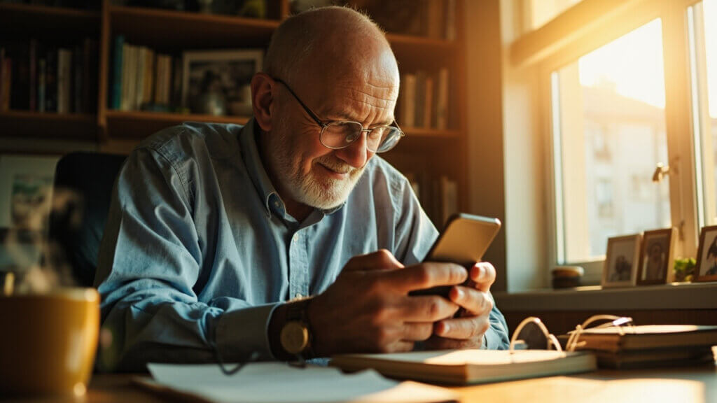 Senior man organizing his day using a smartphone planner app at home