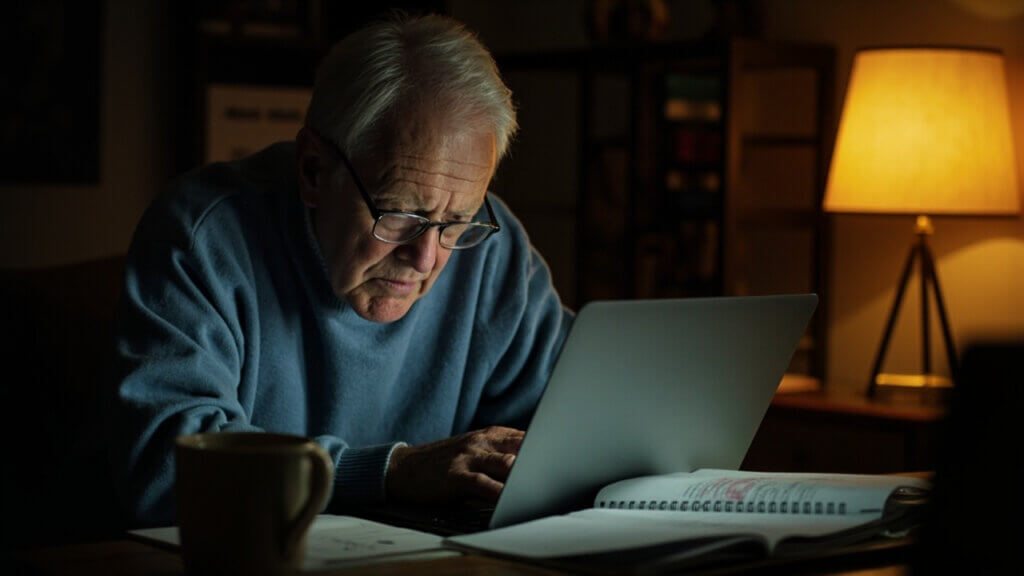 Senior man reviewing a potential phishing email on his laptop at home