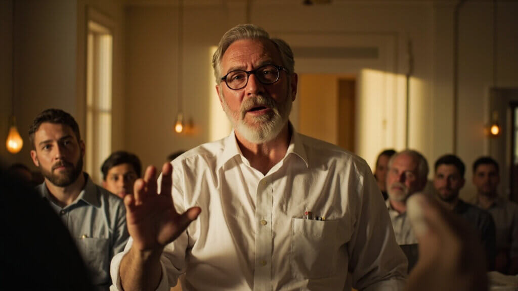 Senior man speaking to a group, visibly engaged and respected by his peers