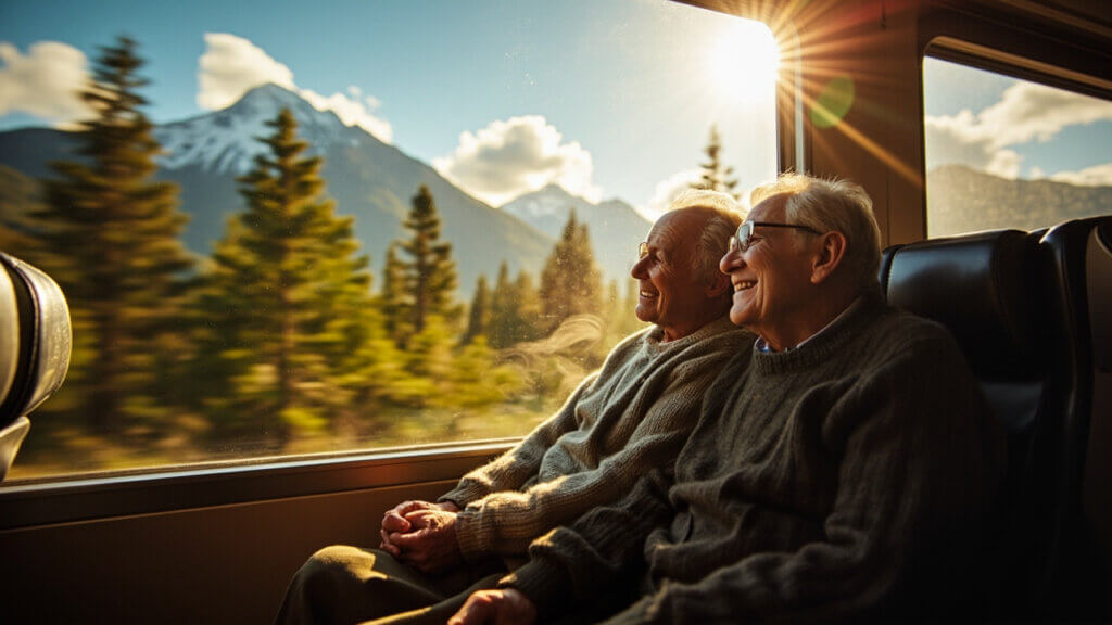 Senior travelers enjoying the scenic view from a train window on a daytime ride